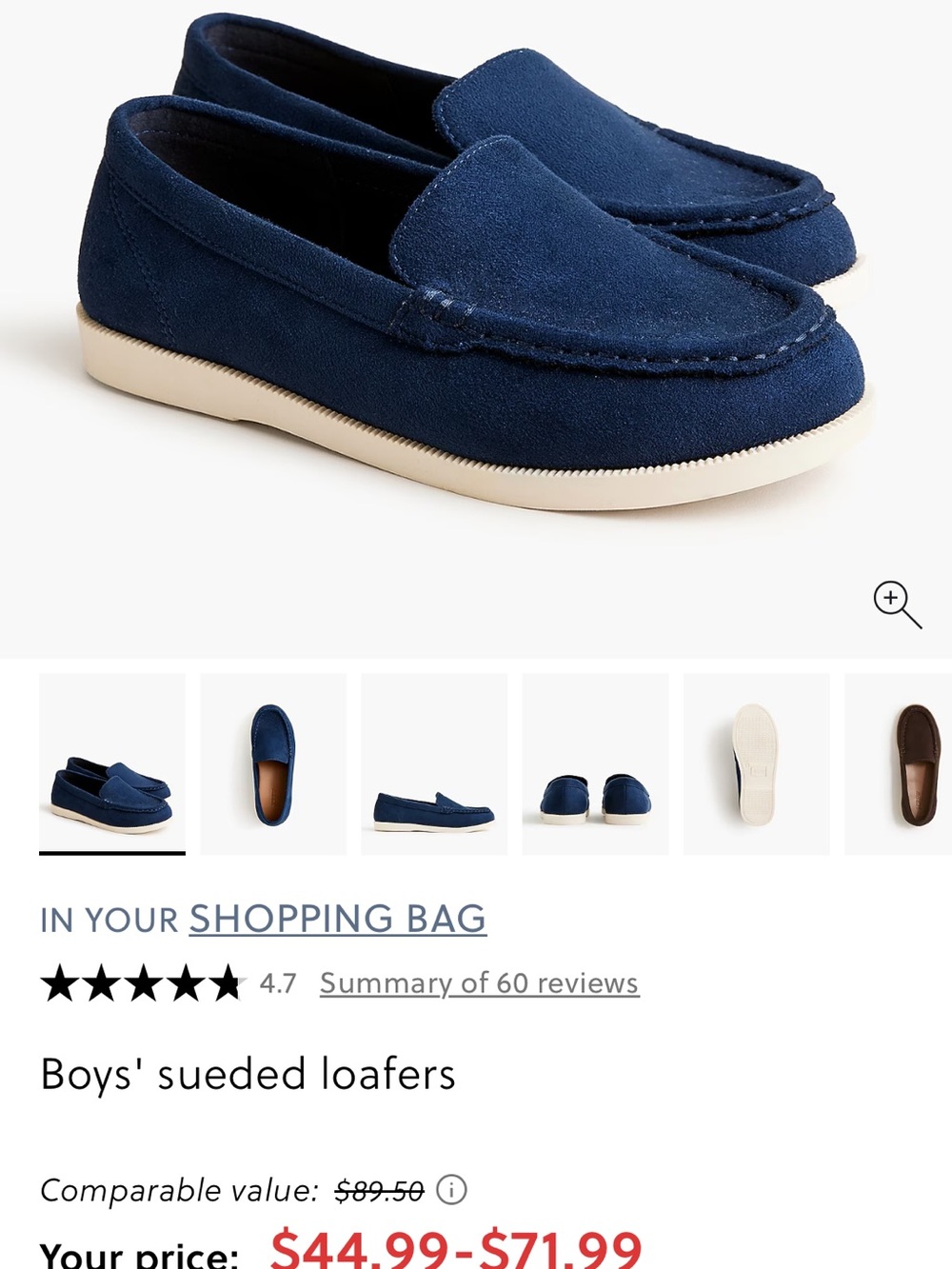 NWT J. Crew Boys' Sueded Loafers in Navy and Off-White